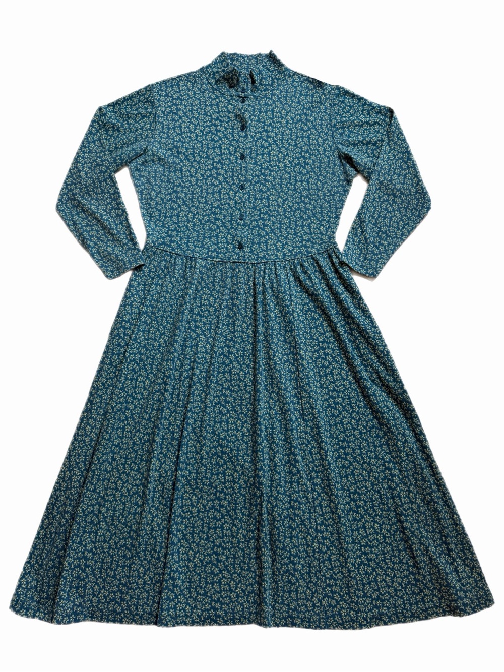 VTG 80s LLBean Teal Ditsy Floral Jersey House Dress L Midi Fall Made in USA